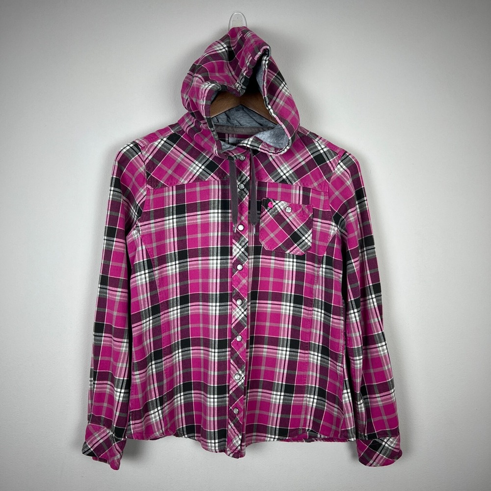 Carhartt Flannel Shirt Womens Small Pink Plaid Hooded Pearl Snap Rugged Shacket